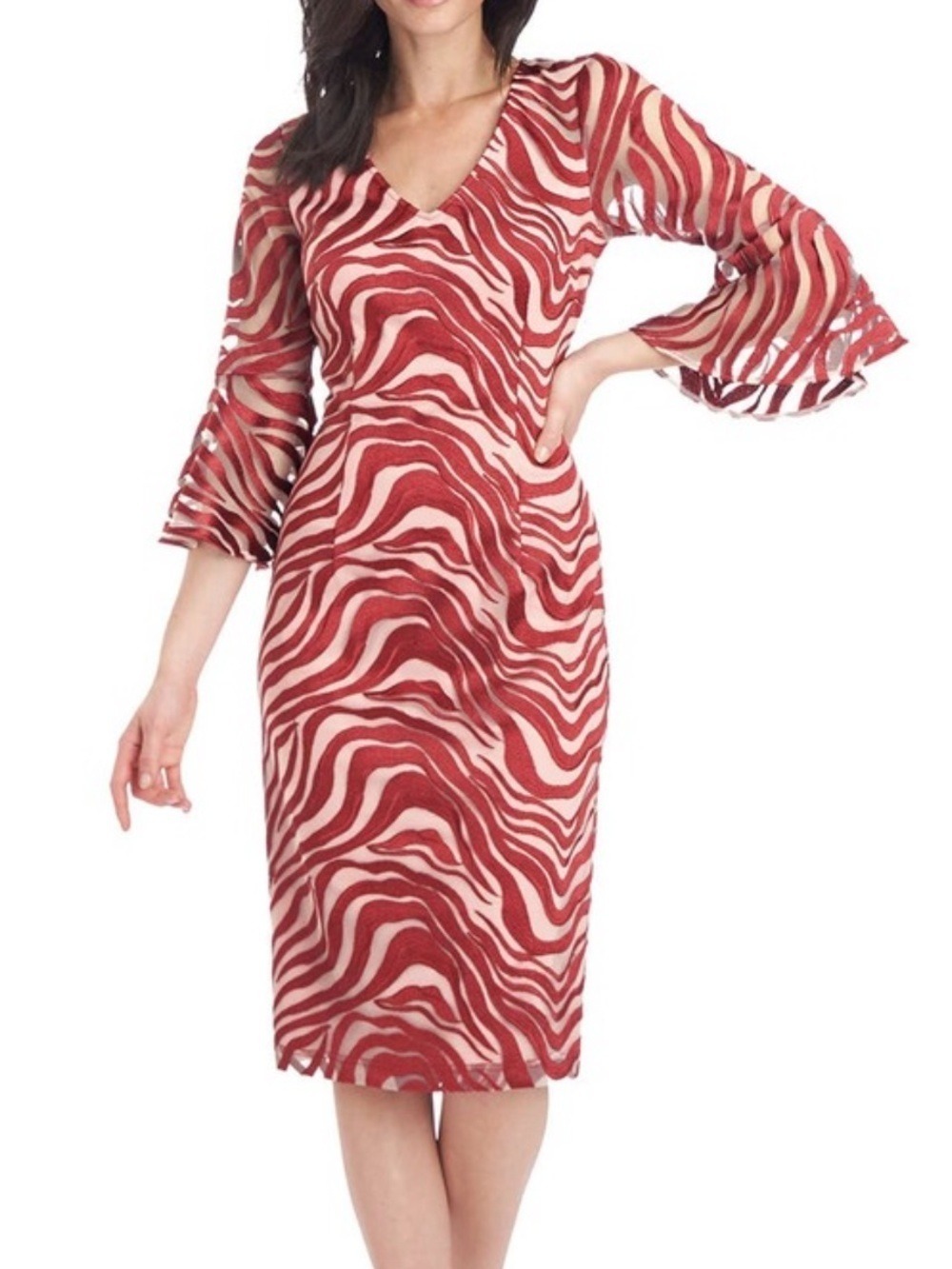JS Collections Leslie V-Neck Embroidered Mesh Midi Dress Scarlet Nude NWT Size 6